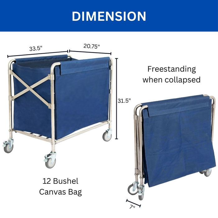Collapsible Commercial Laundry Cart, 12 Bushel, 33.5"L x 20.75"W x 31.5"H, Canvas Bag