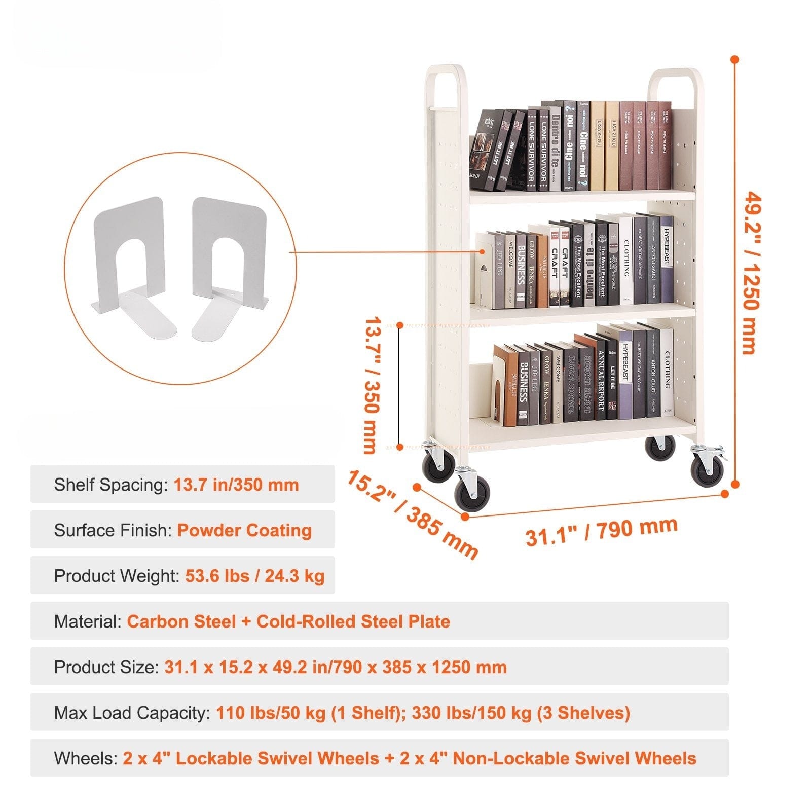 Holzoffer Book Cart, 330 lbs Library Cart, 31.1" x 15.2" x 49.2" Rolling Book Cart for Home Shelves Office and School