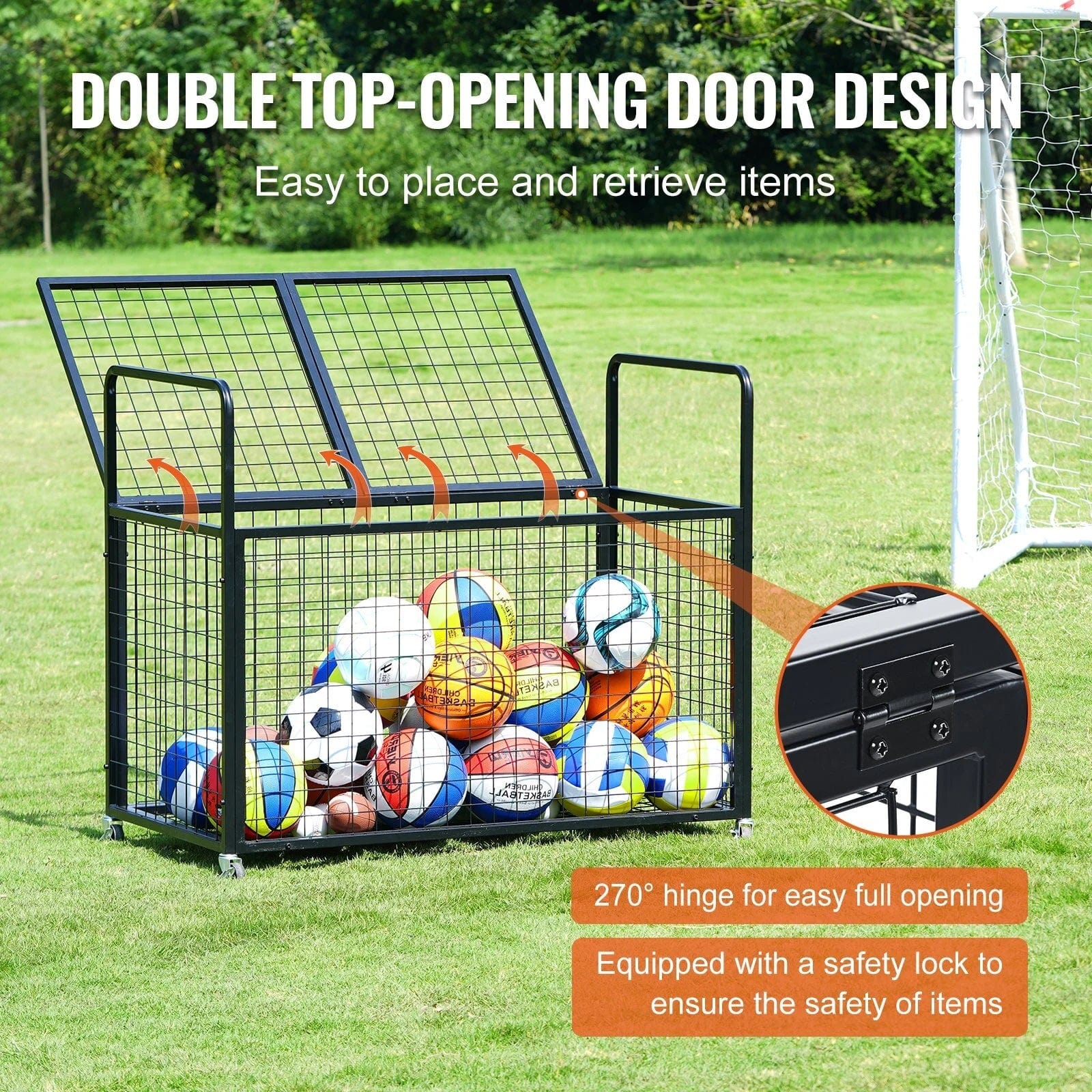 Holzoffer Rolling Sports Ball Storage Cart, Lockable Basketball Cage with Double Lids, Sport Equipment Holder Organizer