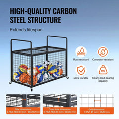 Holzoffer Rolling Sports Ball Storage Cart, Lockable Basketball Cage with Double Lids, Sport Equipment Holder Organizer