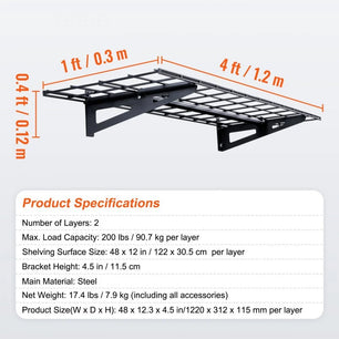 Holzoffer Garage Storage Shelving, 2 Pack, 4 x 1 ft Heavy Duty Garage Shelves Wall Mounted, 400 lbs Load Capacity(Total) Garage Storage Rack Floating Shelves, Suitable for Shop, Shed, Garage Storage