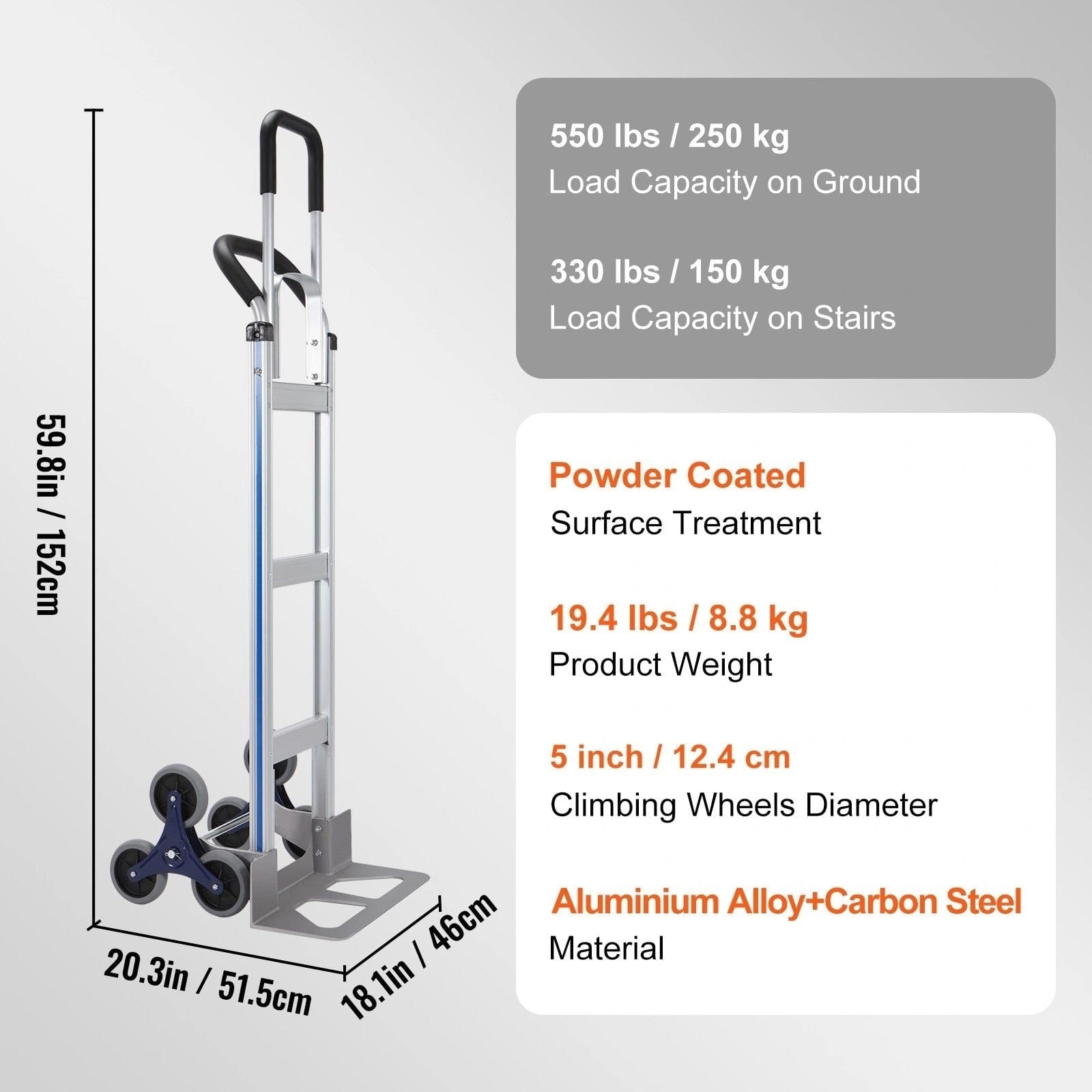 Holzoffer Stair Climbing Cart, 550 lbs Load Capacity, Aluminum Hand Truck Dolly with Dual Handles