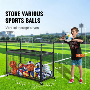 Holzoffer Rolling Sports Ball Storage Cart, Lockable Basketball Cage with Double Lids, Sport Equipment Holder Organizer